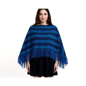 Vintage Bloomingdale’s Made In England Blue Fringe Pull On Striped Poncho